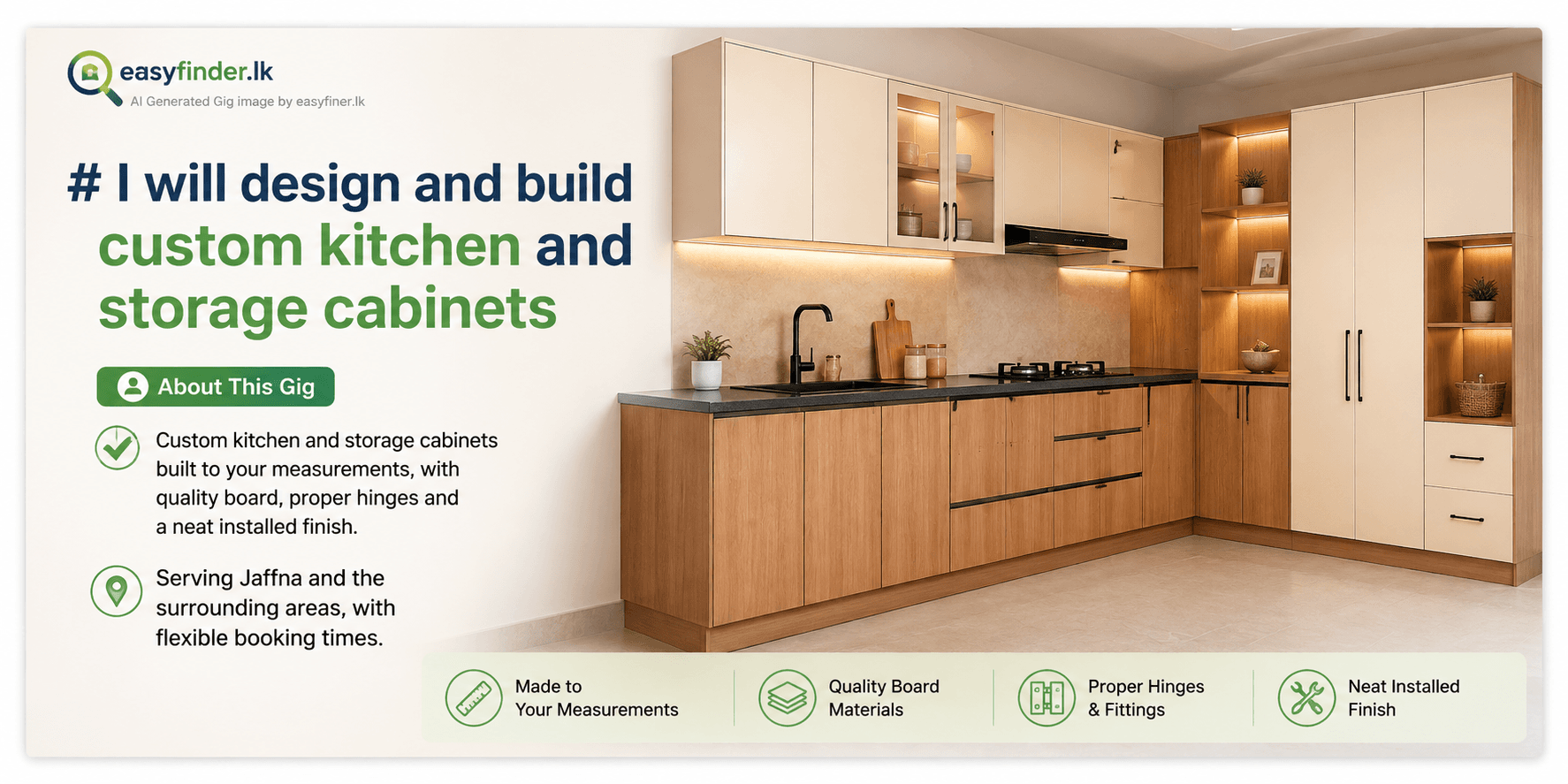 I will design and build custom kitchen and storage cabinets