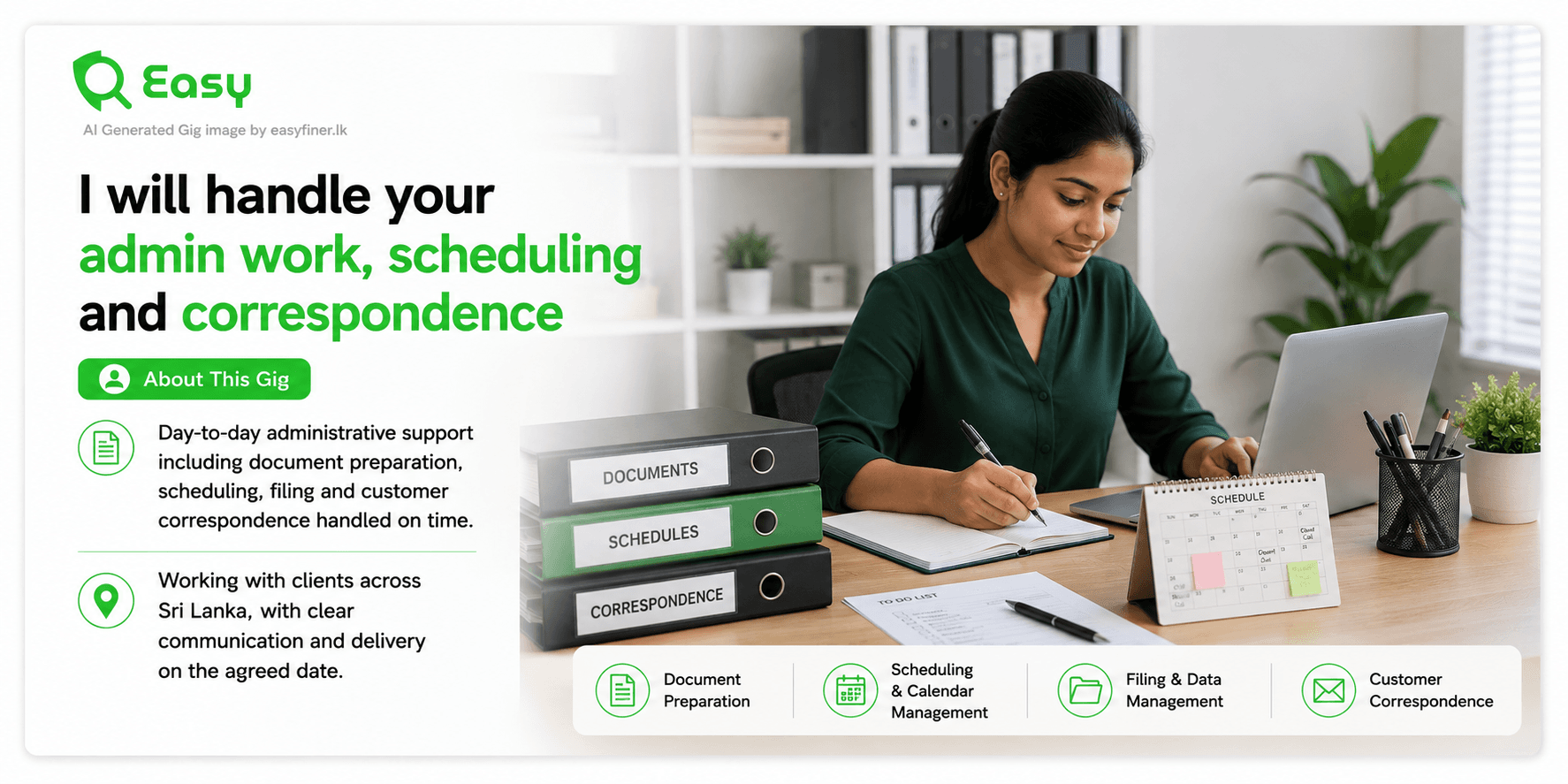 I will handle your admin work, scheduling and correspondence